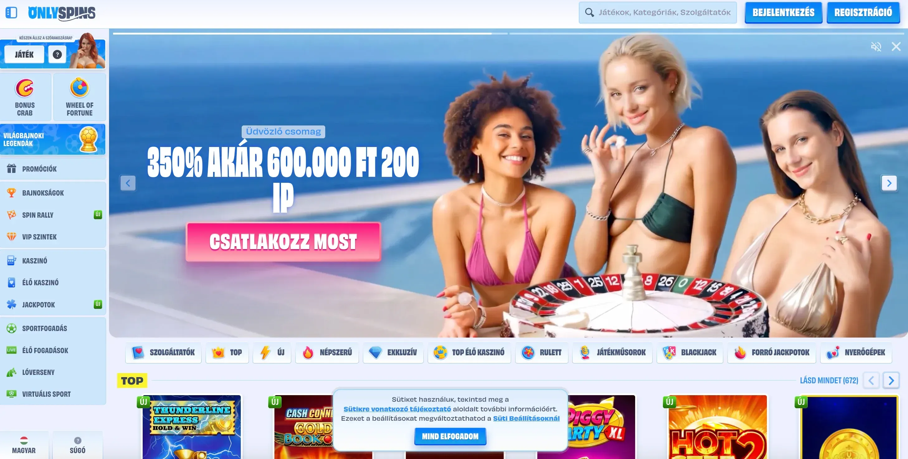 Az Onlyspins casino honlapja